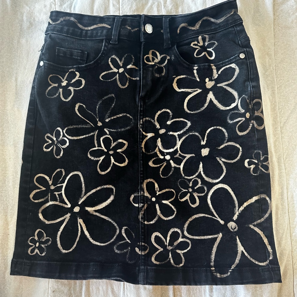 Upcycled Black Denim Skirt with White Floral Pattern
